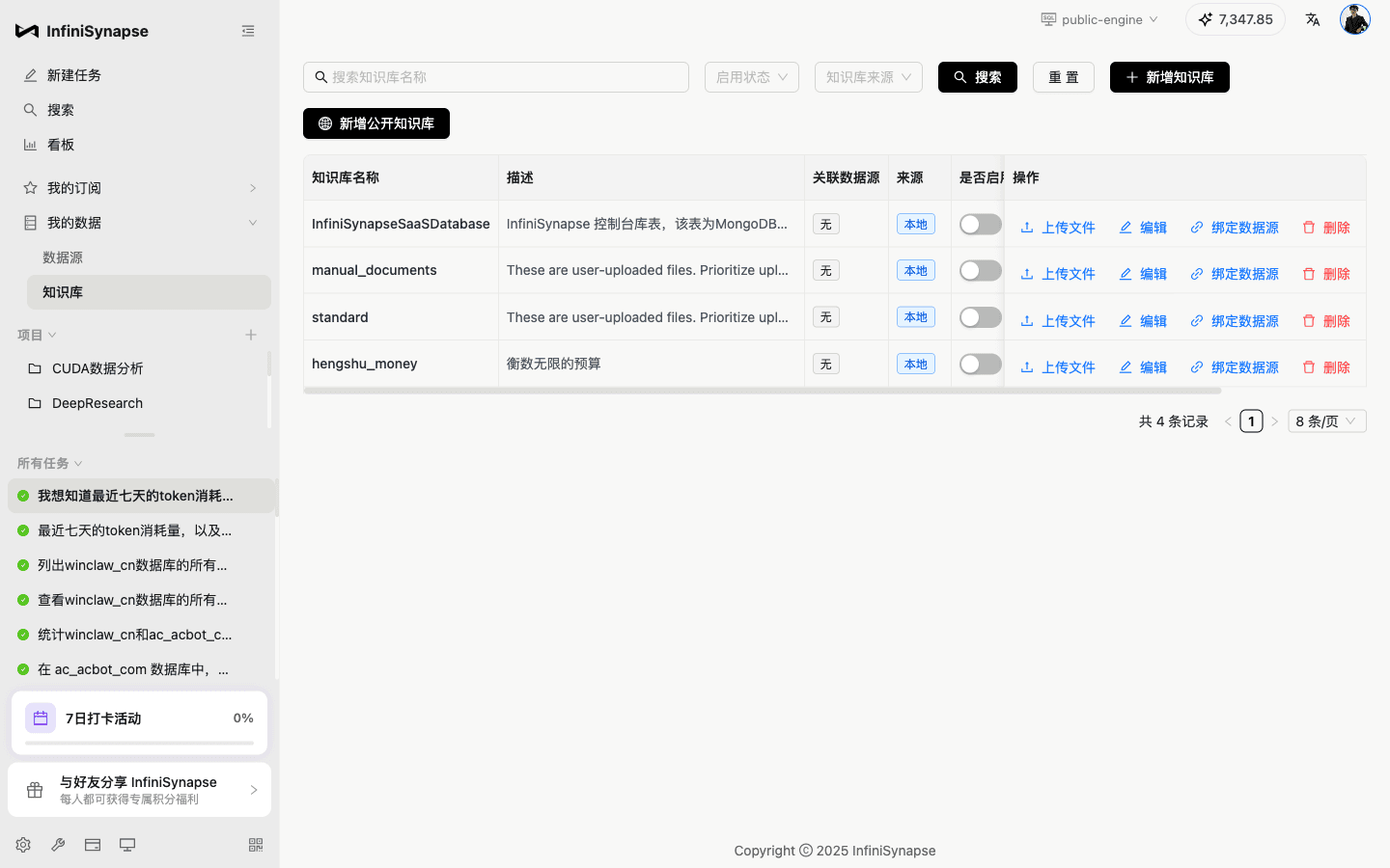 知识库：4 个本地知识库，每个可绑定数据源