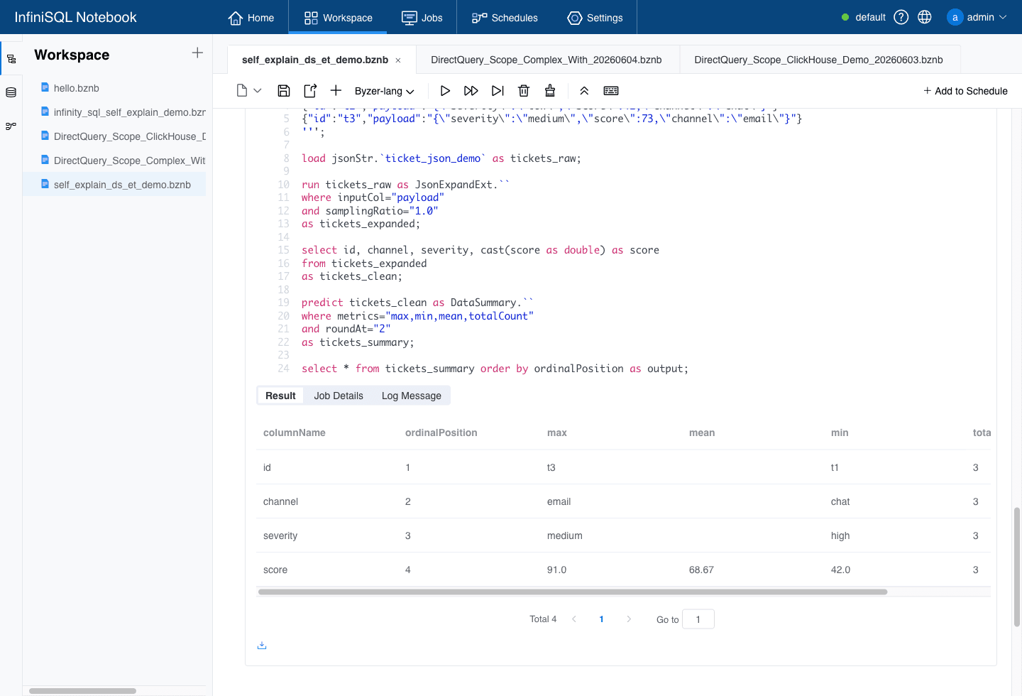 按系统解释完成 jsonStr 数据源、JsonExpandExt 展开和 DataSummary 摘要