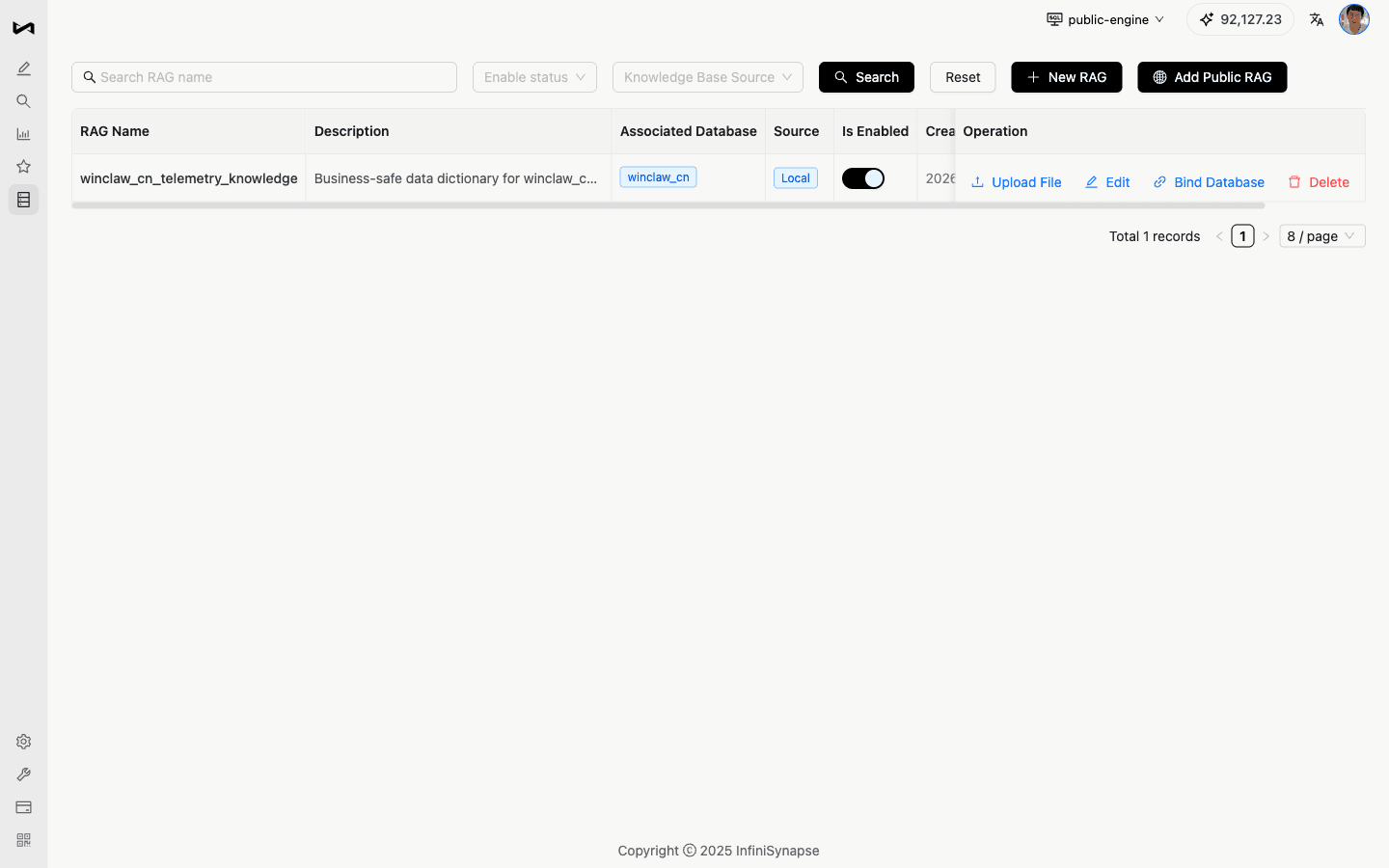 The telemetry knowledge base is bound to the winclaw_cn data source