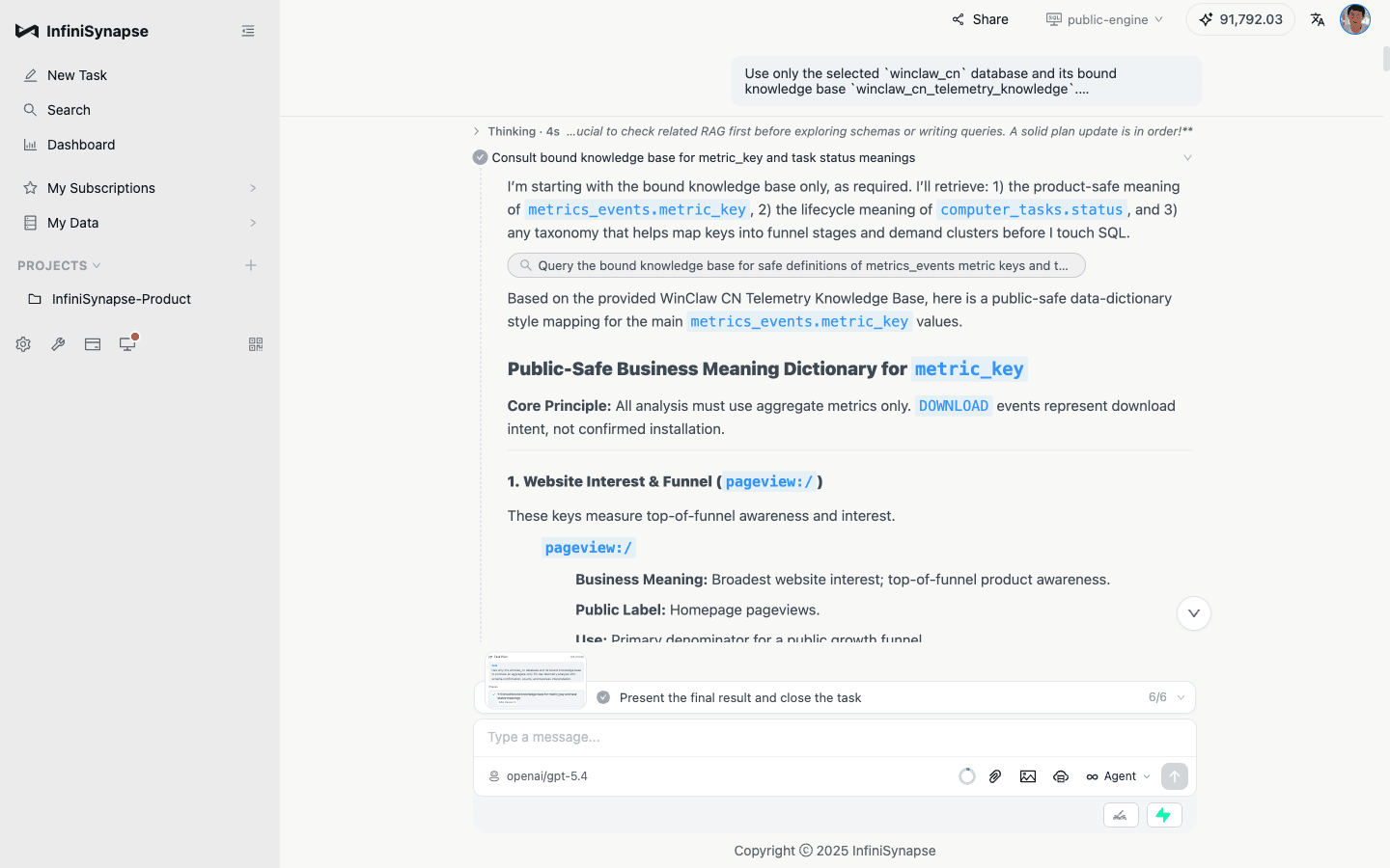 RAG query for metric_key business definitions: the Agent asks the knowledge base before interpreting PAGEVIEW, DOWNLOAD, and download keys
