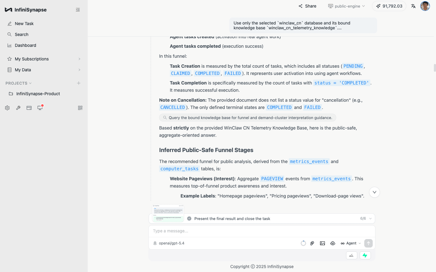 RAG query for public-safe funnel and demand clusters: the Agent retrieves the business interpretation framework