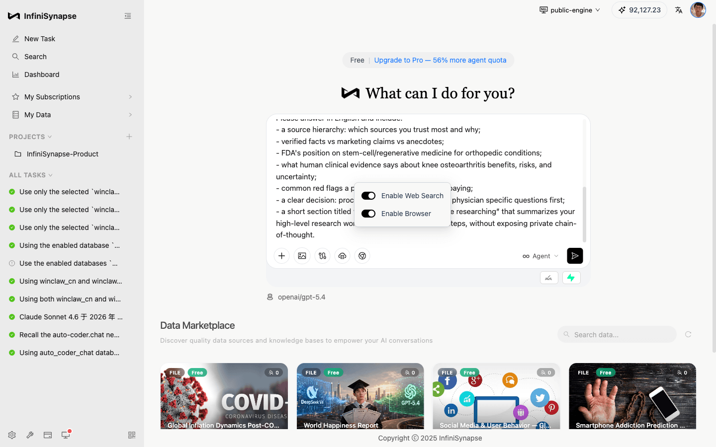 The full English question was submitted with Web Search and Browser enabled