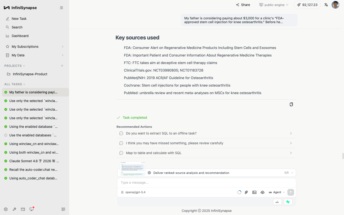 The completed task listed the key sources used