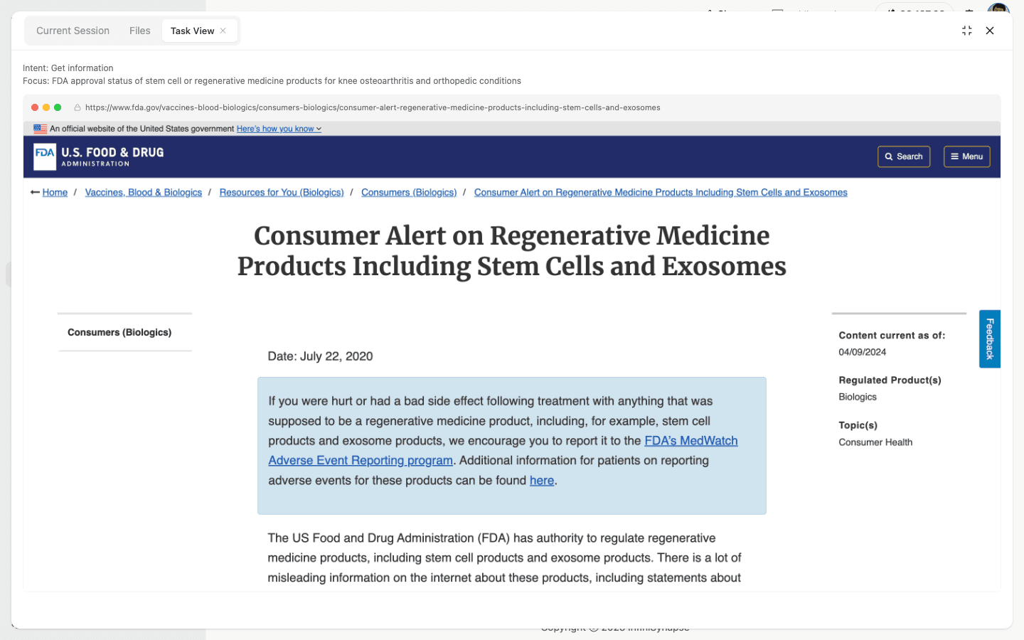 The FDA source detail opened in the task viewer