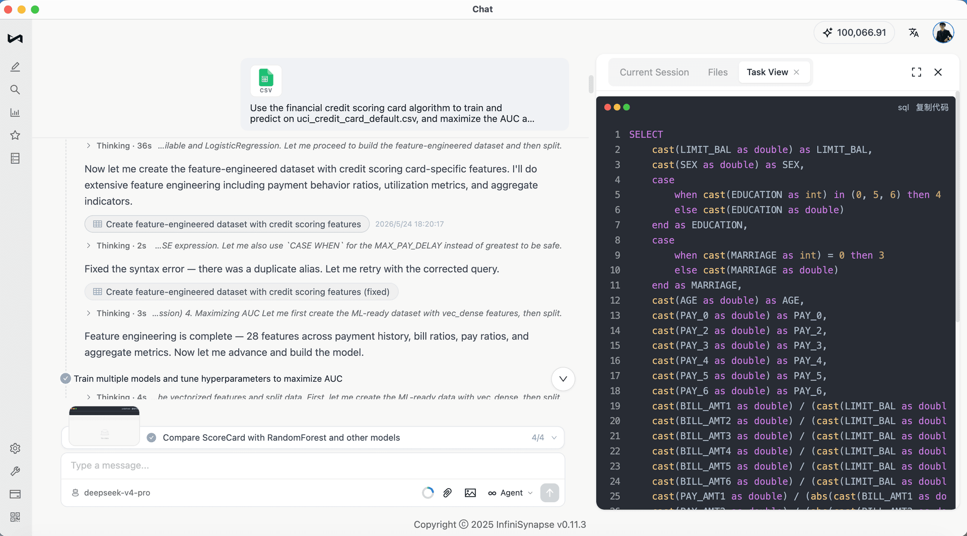 The agent turns raw credit-card fields into payment, utilization, repayment, and trend features with InfiniSQL.