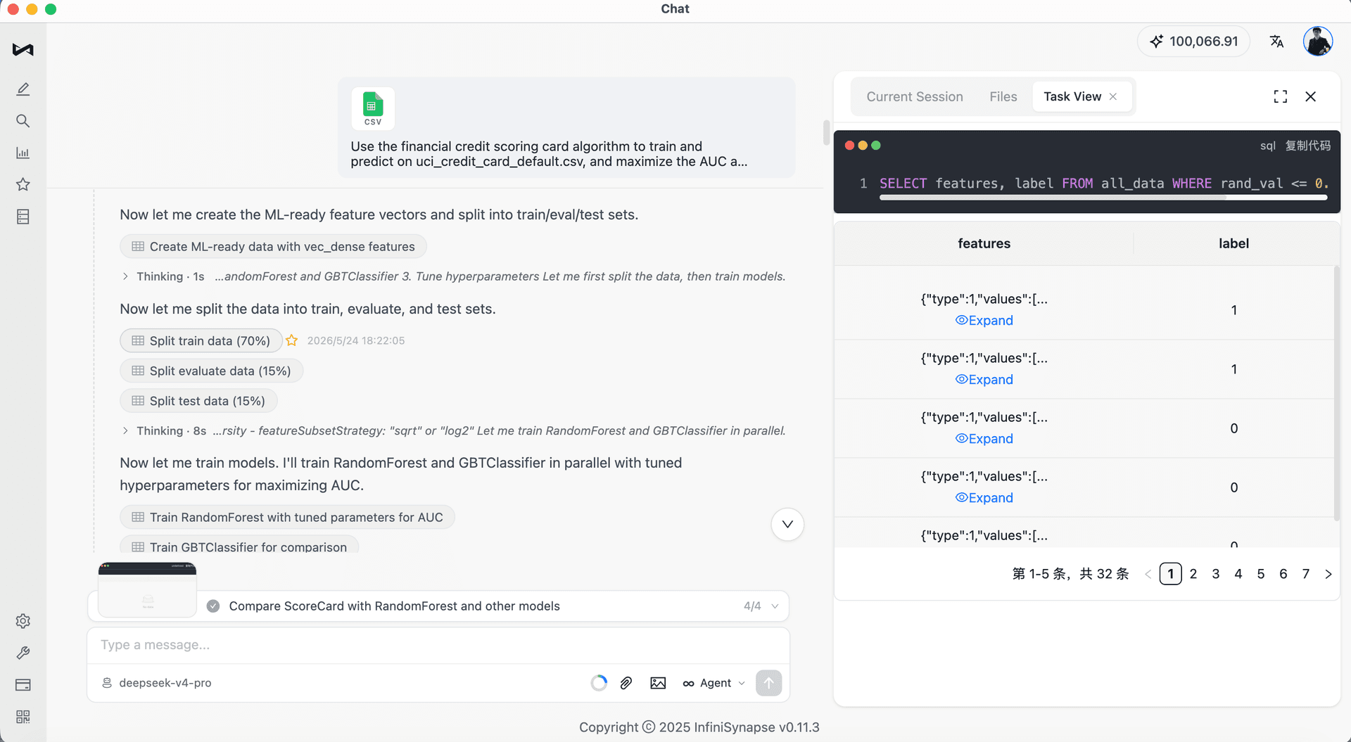 The agent creates dense ML features and splits the dataset into train, evaluation, and test partitions.