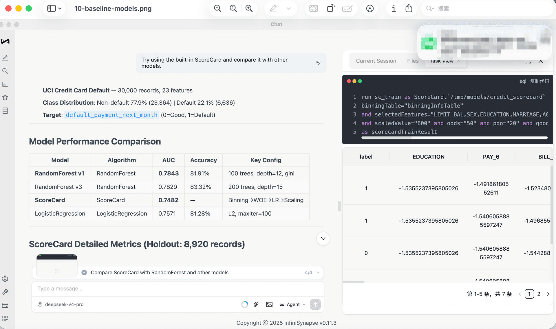 The demo records the data-profile stage: row count, class distribution, distinct values, summary statistics, and payment-status checks.