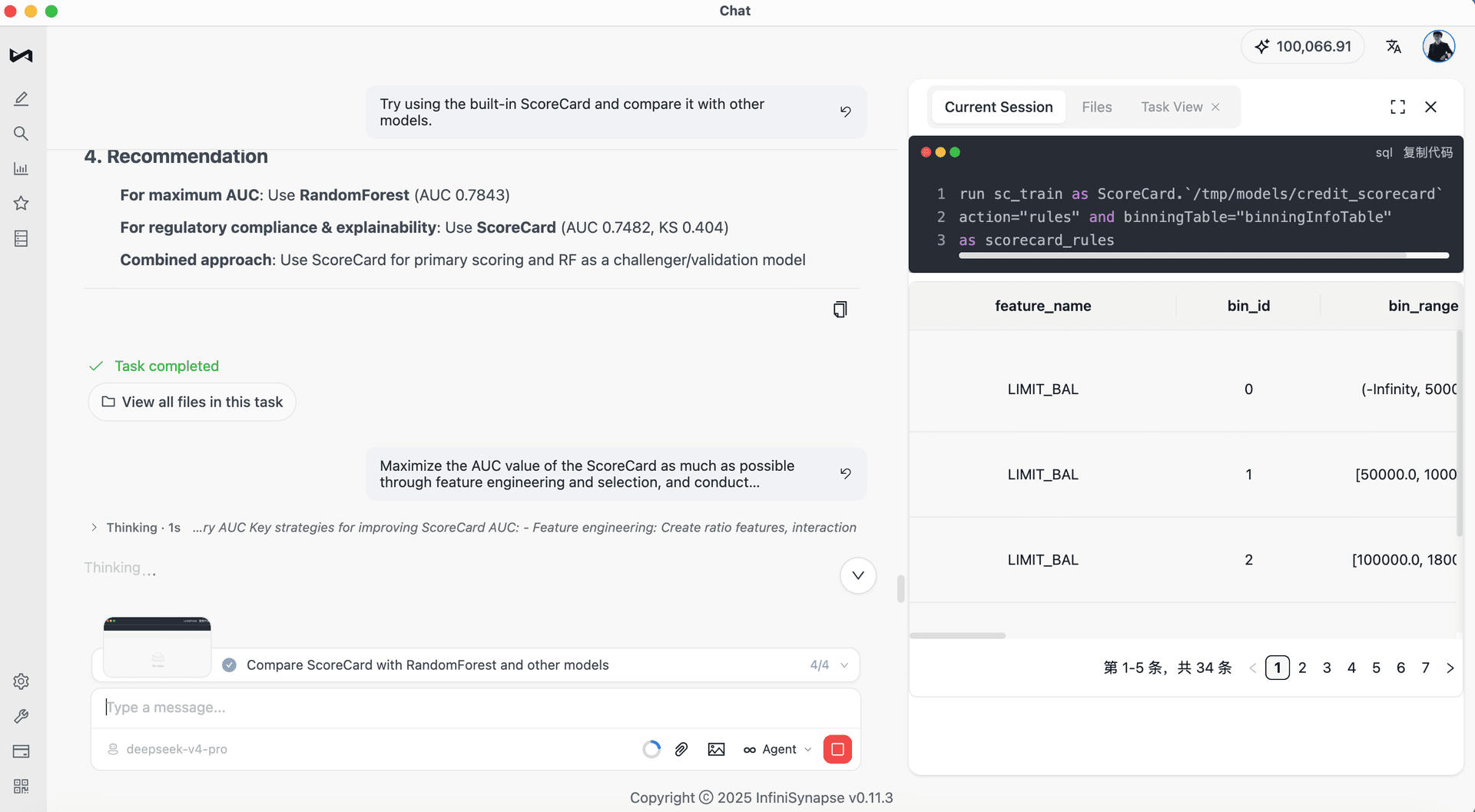 The agent recommends ScoreCard for transparent scoring and RandomForest as a challenger model.