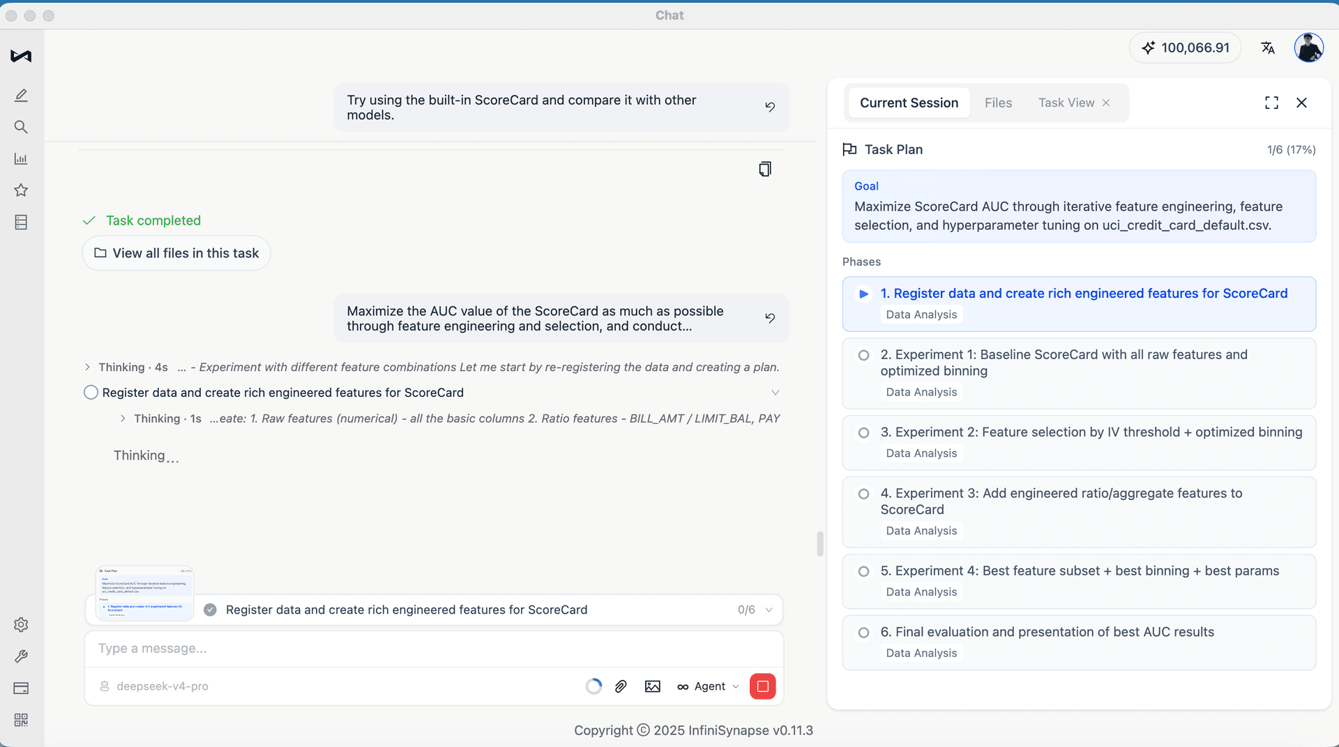 The agent creates a six-phase plan to maximize ScoreCard AUC through iterative feature engineering, feature selection, and tuning.