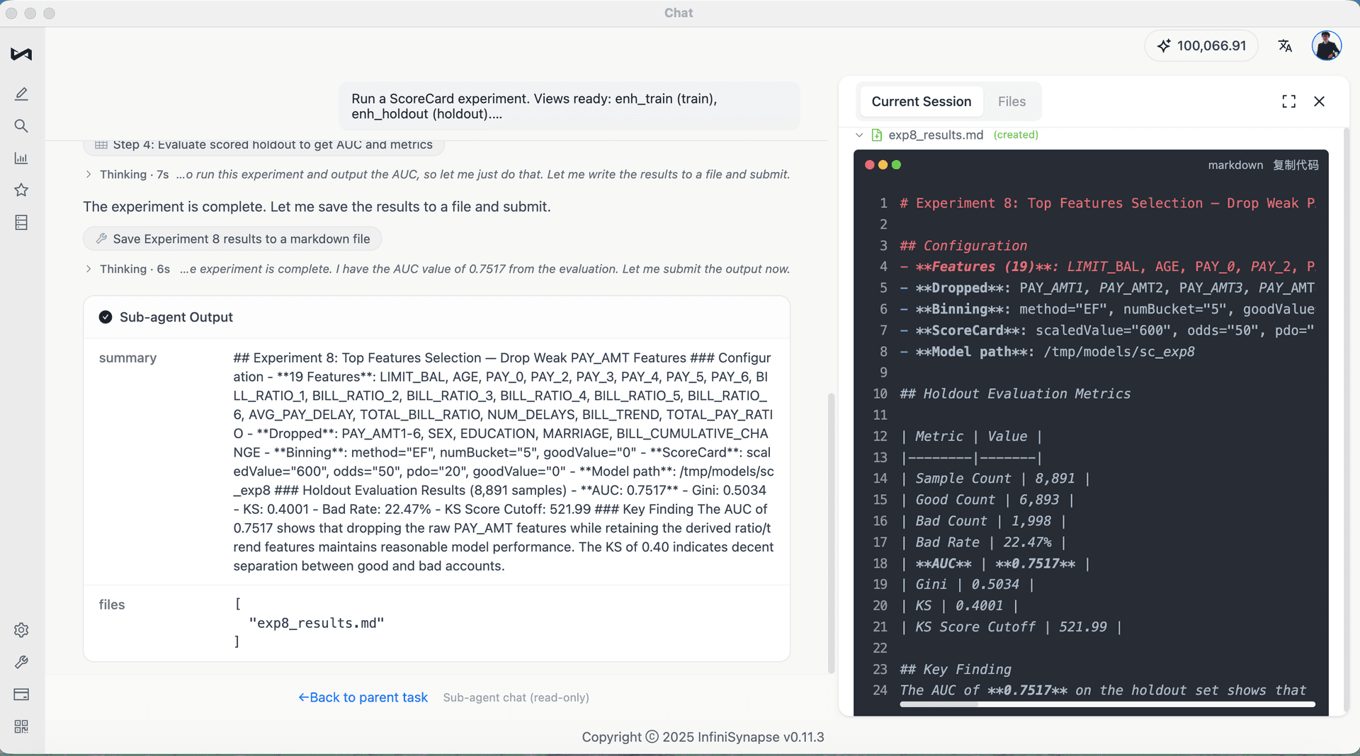 Experiment 8 records a top-feature selection run with 19 features, dropped weak payment amount features, and AUC 0.7517.