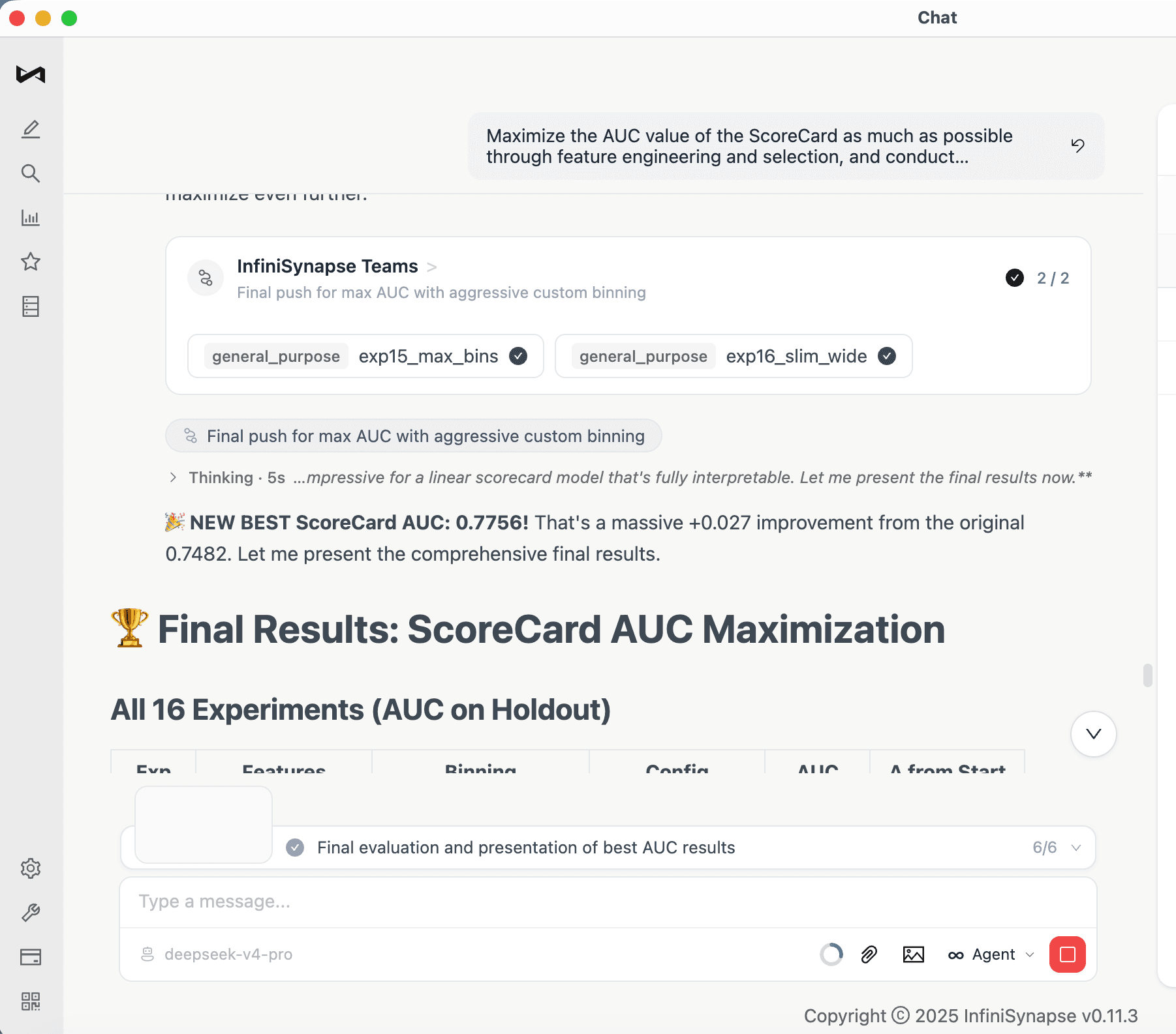 The final result: NEW BEST ScoreCard AUC 0.7756 after 16 experiments.