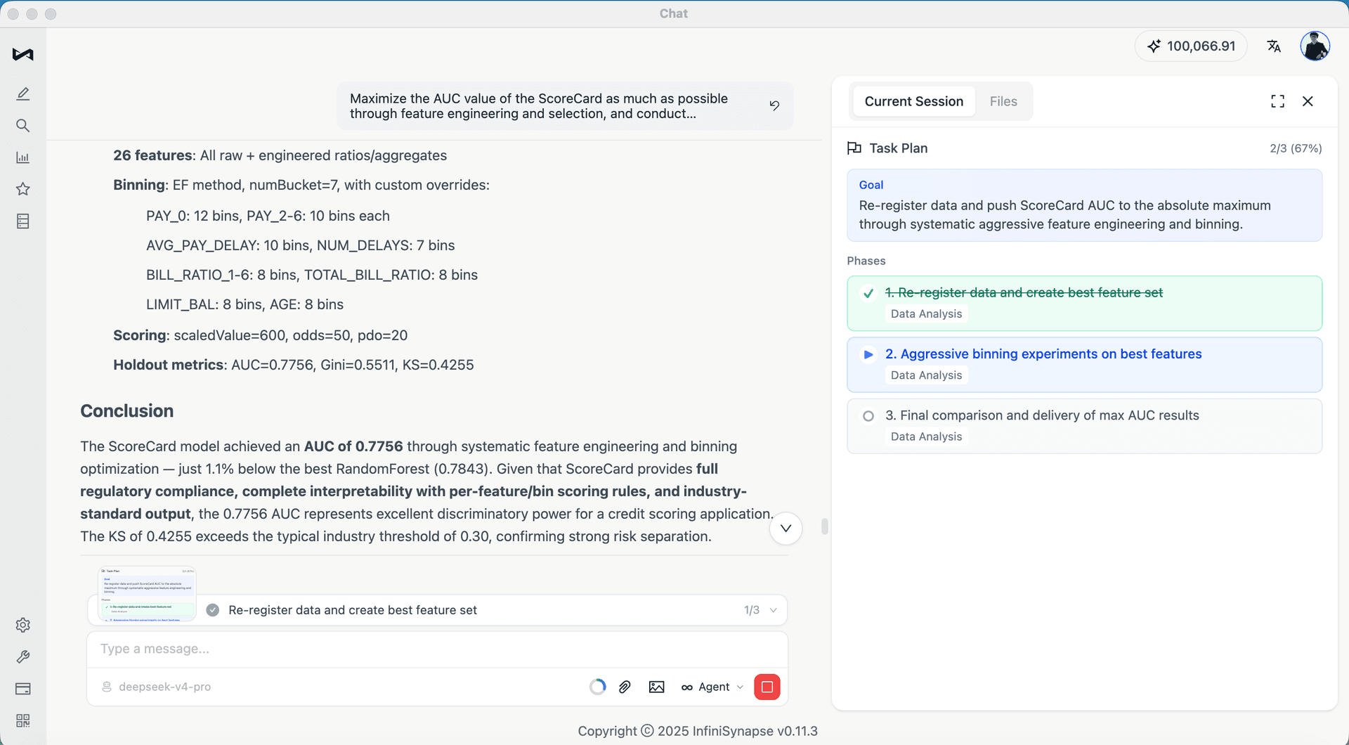 The final configuration records the best feature set, custom bins, and holdout metrics.