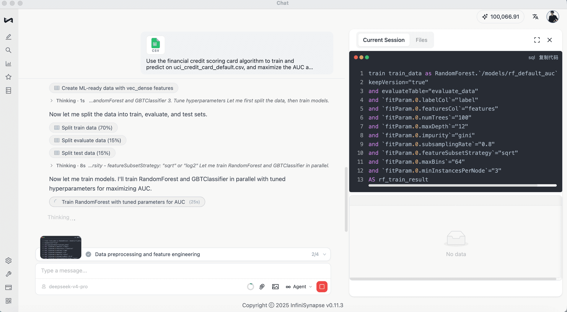 InfiniSQL feature engineering: explicit type casting, CASE logic, ratio construction, and credit-risk variables.