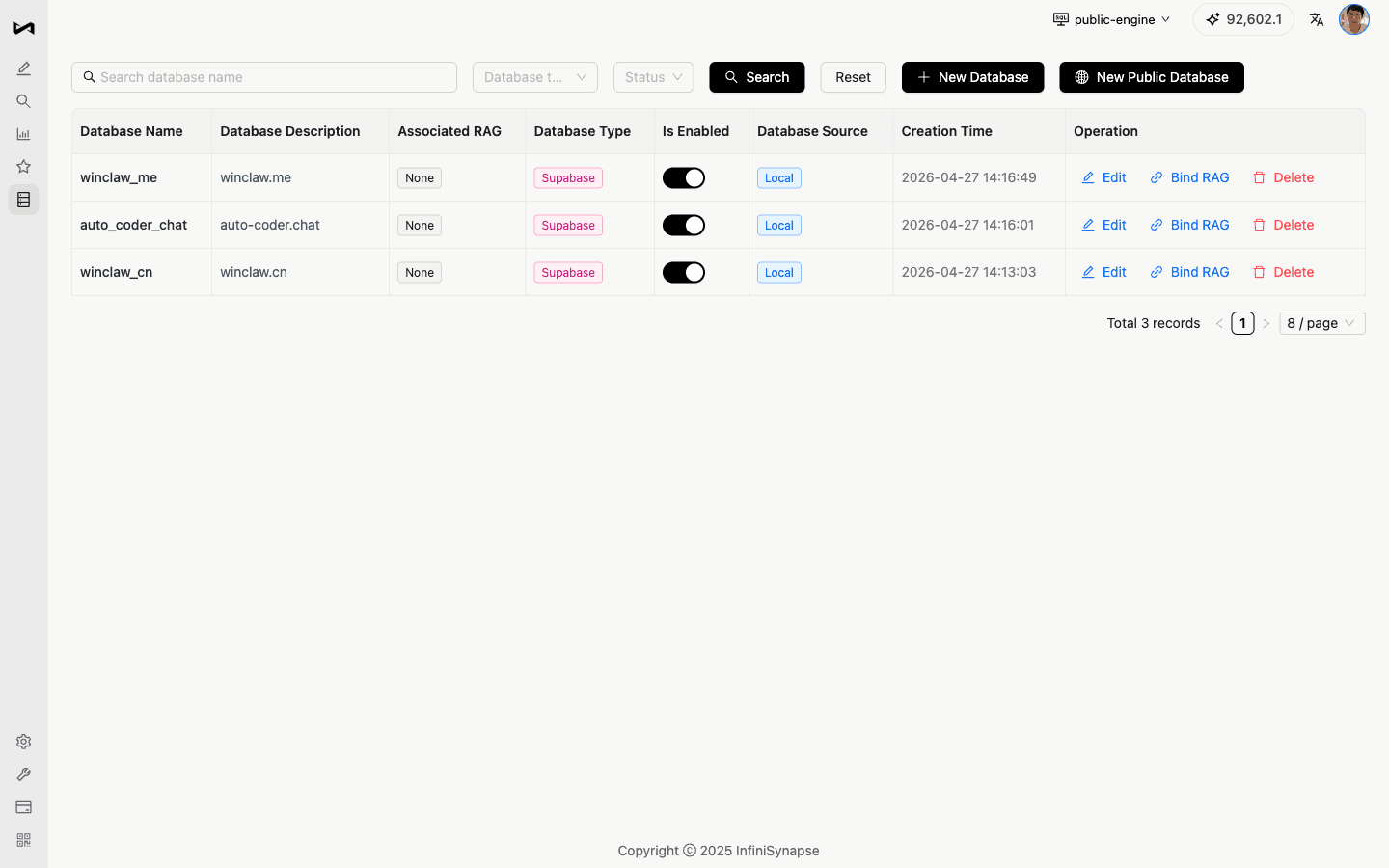 InfiniSynapse 数据源管理：多个启用的数据源可以进入同一分析工作区。