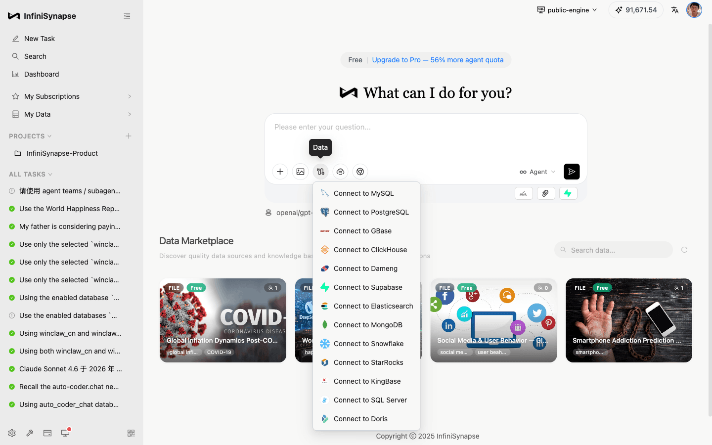 InfiniSynapse connector menu: MySQL, PostgreSQL, GBase, ClickHouse, Dameng, Supabase, Elasticsearch, MongoDB, Snowflake, StarRocks, KingBase, SQL Server, and Doris.
