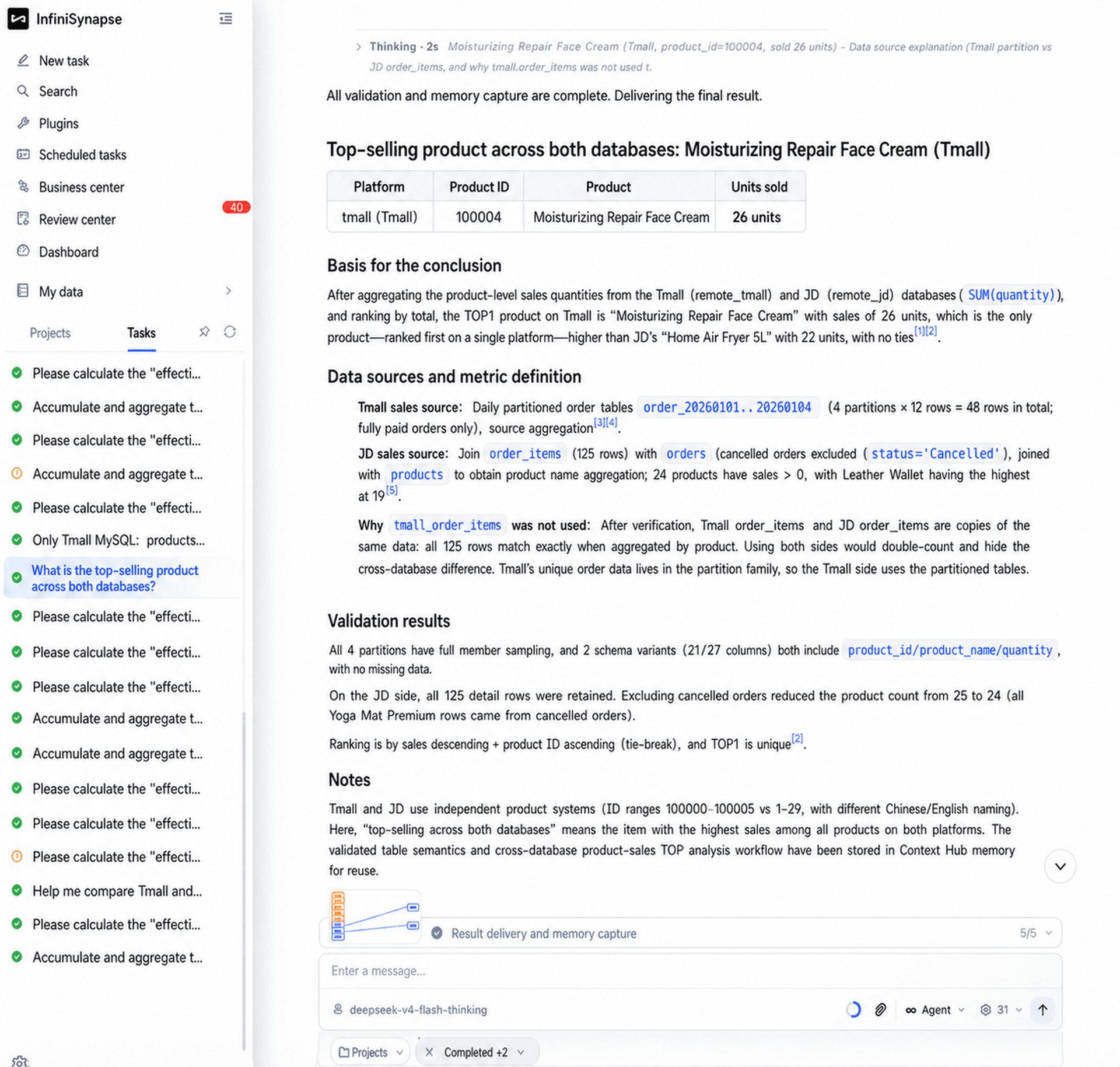 InfiniSynapse repeatedly states the data sources, filters, and ranking definition