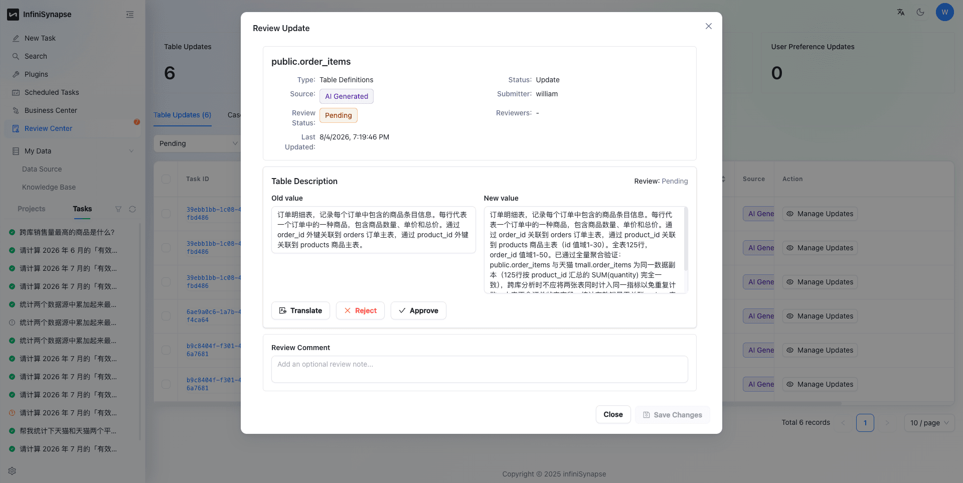 审核者可以对新旧内容逐项批准或拒绝